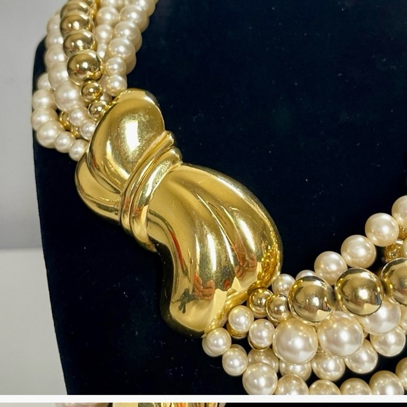 Vintage Napier Faux Pearl Multi-Strand Necklace + Unmarked Faux Pearl Clip-Ons - Picture 4 of 8